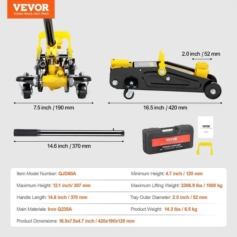 VEVOR Low Profile Aluminum Steel Racing Floor Jack Dual Pump Lift Car Auto