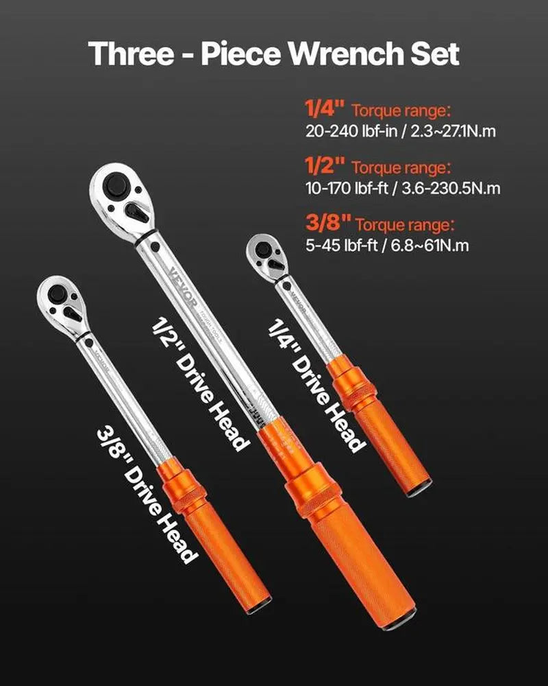 VEVOR Click Torque Wrench Set 3 Pcs 1/4 3/8 1/2 Inch Drive Dual-Direction 72-Tooth