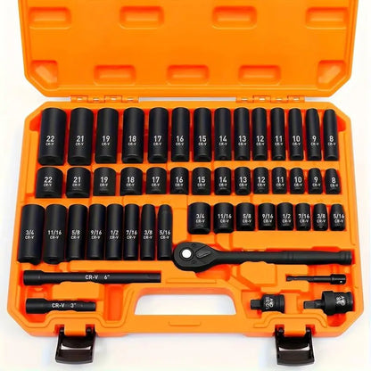 Impactwrench 3/8" Drive Impact Socket Set 50/35 Pieces SAE & Metric CR-V Steel High Torque 6 Point Universal Joint Power Drill Adapter with Storage Case Tool Box