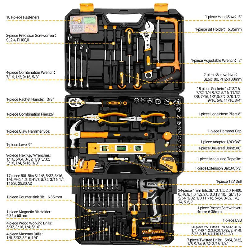 Tool Kit Box Drill Set: DEKOPRO 12V Cordless Drill and Home Mechanic Tool Set, 1.5Ah Rechargeable Lithium-Ion Battery, 238 Pcs Tool Kit， ALL in ONE Toolbox with Hand Tools for Home Repairs, DIY Projects, and Mechanic Work Sturdy Drawer for Men Springtok