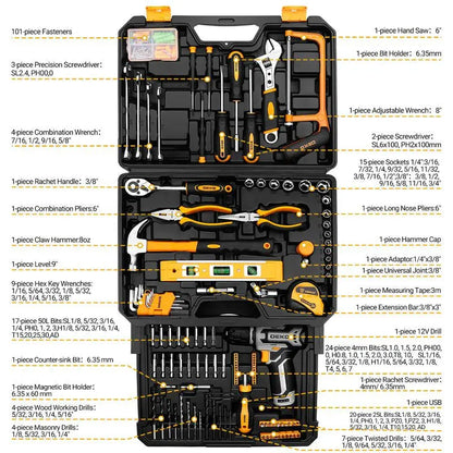 Tool Kit Box Drill Set: DEKOPRO 12V Cordless Drill and Home Mechanic Tool Set, 1.5Ah Rechargeable Lithium-Ion Battery, 238 Pcs Tool Kit， ALL in ONE Toolbox with Hand Tools for Home Repairs, DIY Projects, and Mechanic Work Sturdy Drawer for Men Springtok