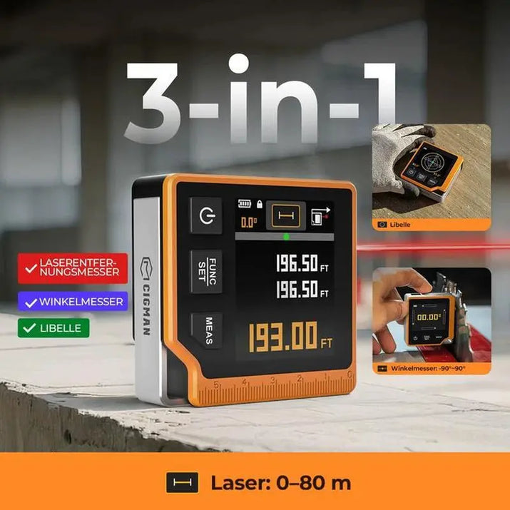 3-In-1 Rechargeable Laser Measuring Tool, 262Ft Laser Distance Meter with Digital Angle Finder & Level, 6 Units (M/In/Ft/Cm/Mm/Ft+In), 2.4'' Color Backlit Display, Area/Volume/Pythagorean Modes