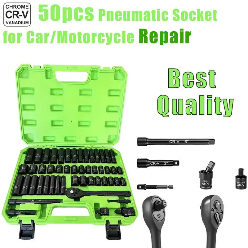 Impactwrench 3/8" Drive Impact Socket Set 50 Piece SAE & Metric CR-V Steel High Torque 6 Point Universal Joint Power Drill Adapter with Storage Case Tool Box .Professional Automotive Repair Tool Ant Nut Driver Screwdriver Tool Set