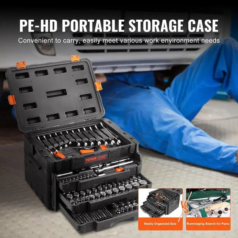 VEVOR Mechanics Tool Set and Socket Set, Various Specifications, 1/4" 3/8" 1/2 Drive Deep and Standard Sockets, 145/205/450 Pcs SAE and Metric Mechanic Tool Kit with Bits, Combination Wrench, Hex Wrenches, Accessories, Storage Case