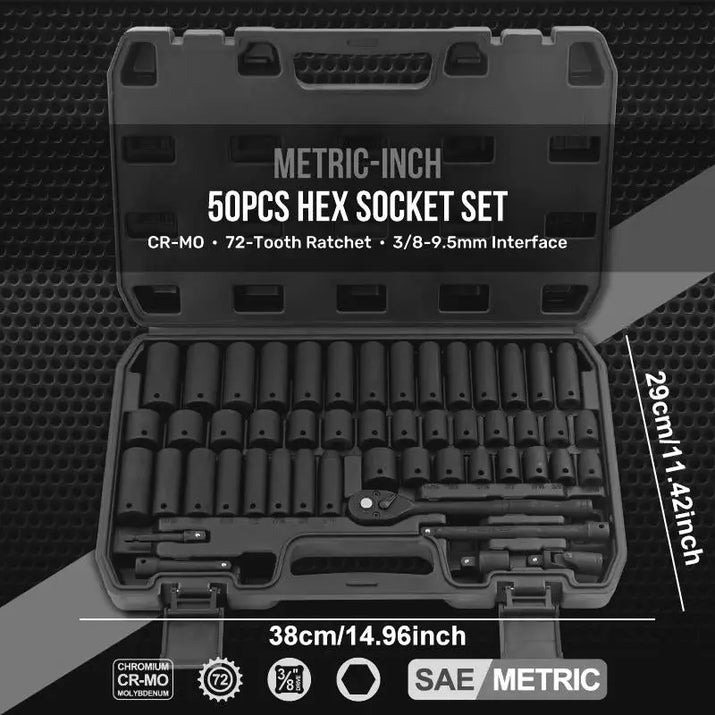 Impactwrench 3/8" Drive Impact Socket Set 50/35 Pieces SAE & Metric CR-V Steel High Torque 6 Point Universal Joint Power Drill Adapter with Storage Case Tool Box