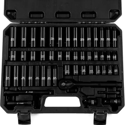 Impactwrench 3/8" Drive Impact Socket Set 50/35 Pieces SAE & Metric CR-V Steel High Torque 6 Point Universal Joint Power Drill Adapter with Storage Case Tool Box