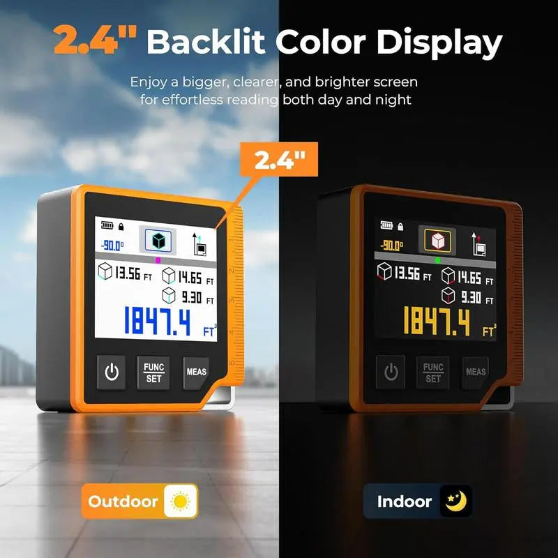 3-In-1 Rechargeable Laser Measuring Tool, 262Ft Laser Distance Meter with Digital Angle Finder & Level, 6 Units (M/In/Ft/Cm/Mm/Ft+In), 2.4'' Color Backlit Display, Area/Volume/Pythagorean Modes