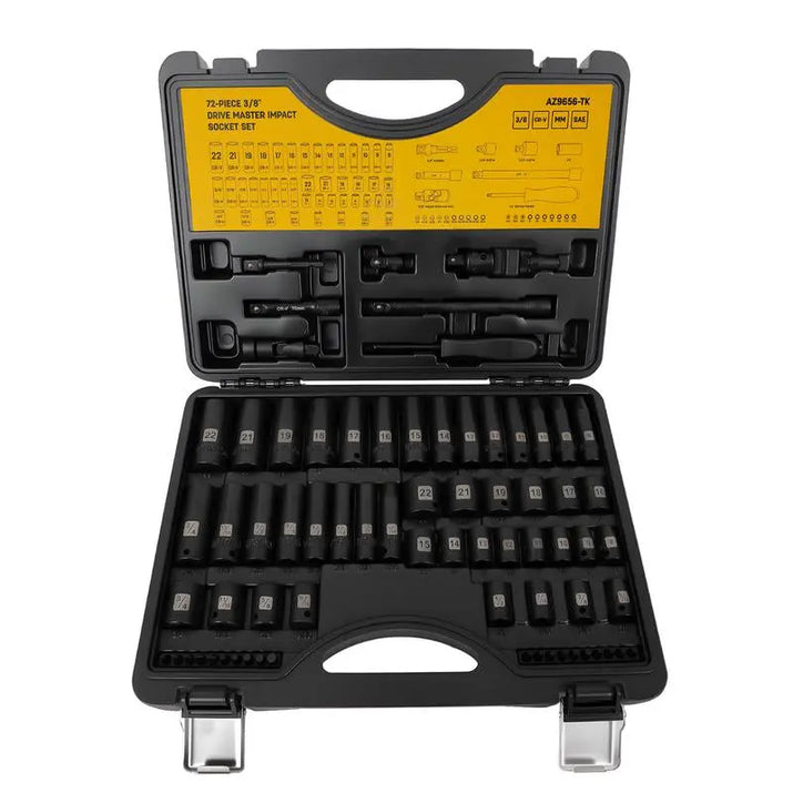 Steelite 72 Pieces 3/8" Drive Impact Socket Set, SAE (5/16"-3/4") & Metric (8-22MM), 6 Point, CR-V Construction, with Extension Bar, Adapter, Universal Joint, Spinner Handle & Assorted Bits for Versatile Repairs