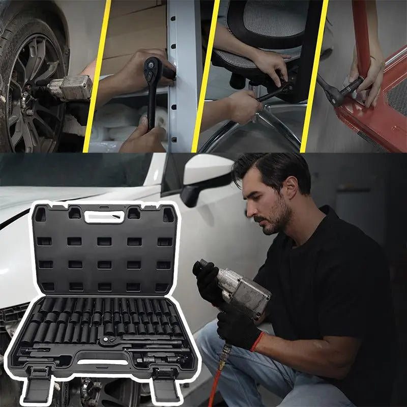 Impactwrench 3/8" Drive Impact Socket Set 50/35 Pieces SAE & Metric CR-V Steel High Torque 6 Point Universal Joint Power Drill Adapter with Storage Case Tool Box