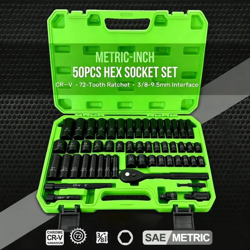 Impactwrench 3/8" Drive Impact Socket Set 50 Piece SAE & Metric CR-V Steel High Torque 6 Point Universal Joint Power Drill Adapter with Storage Case Tool Box .Professional Automotive Repair Tool Ant Nut Driver Screwdriver Tool Set
