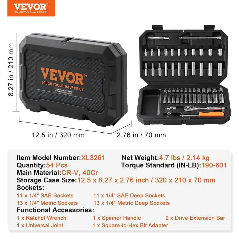 VEVOR Mechanics Tool Set and Socket Set, Various Specifications, 1/4