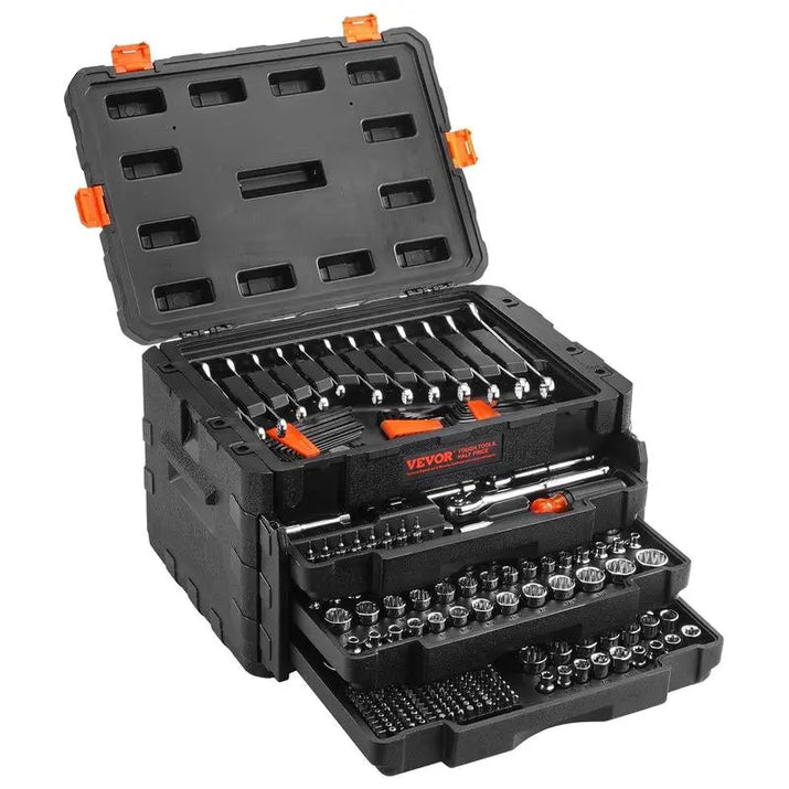 VEVOR Mechanics Tool Set and Socket Set, Various Specifications, 1/4" 3/8" 1/2 Drive Deep and Standard Sockets, 145/205/450 Pcs SAE and Metric Mechanic Tool Kit with Bits, Combination Wrench, Hex Wrenches, Accessories, Storage Case
