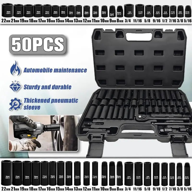Impactwrench 3/8" Drive Impact Socket Set 50/35 Pieces SAE & Metric CR-V Steel High Torque 6 Point Universal Joint Power Drill Adapter with Storage Case Tool Box