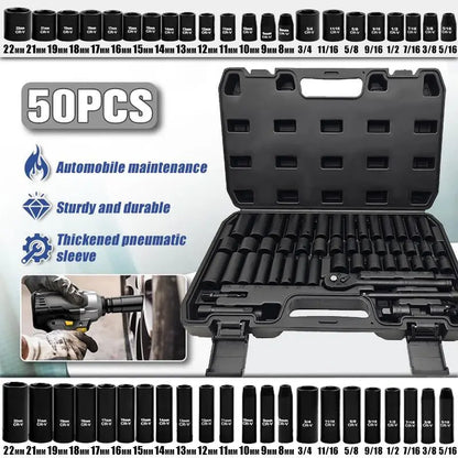 Impactwrench 3/8" Drive Impact Socket Set 50/35 Pieces SAE & Metric CR-V Steel High Torque 6 Point Universal Joint Power Drill Adapter with Storage Case Tool Box