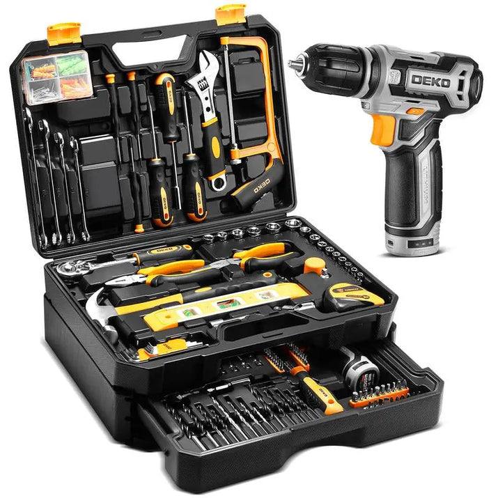 Tool Kit Box Drill Set: DEKOPRO 12V Cordless Drill and Home Mechanic Tool Set, 1.5Ah Rechargeable Lithium-Ion Battery, 238 Pcs Tool Kit， ALL in ONE Toolbox with Hand Tools for Home Repairs, DIY Projects, and Mechanic Work Sturdy Drawer for Men Springtok