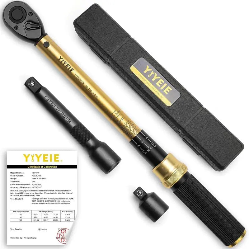 【Tiktokshopblackfriday】1/2-Inch Drive Torque Wrench, 10-160 FT.LB (10-227 Nm), 72-Tooth Professional Click Torque Wrench Set with 3/8 Adapter & Extension Bar, Lug Nut Torque Wrench for Car Tire & Wheel