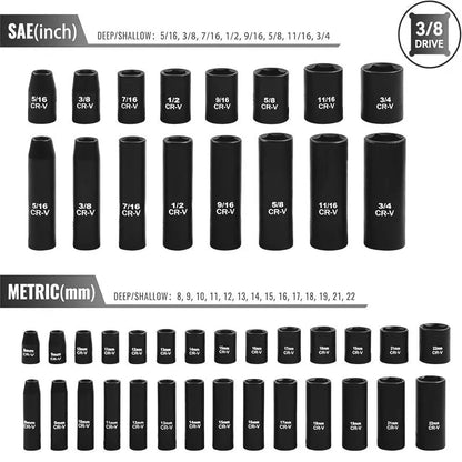 Impactwrench 3/8" Drive Impact Socket Set 50/35 Pieces SAE & Metric CR-V Steel High Torque 6 Point Universal Joint Power Drill Adapter with Storage Case Tool Box