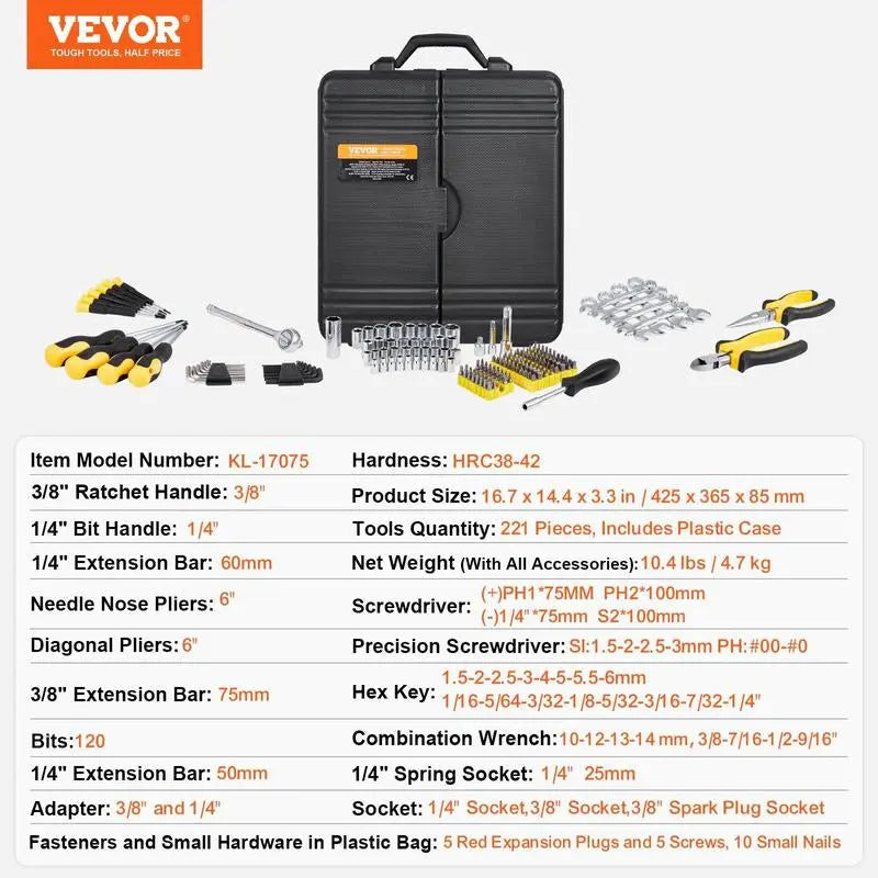 VEVOR Mechanics Tool Set and Socket Set, Various Specifications, 1/4