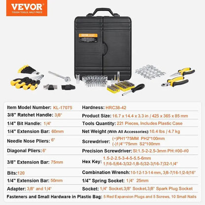 VEVOR Mechanics Tool Set and Socket Set, Various Specifications, 1/4" 3/8" 1/2 Drive Deep and Standard Sockets, 145/205/450 Pcs SAE and Metric Mechanic Tool Kit with Bits, Combination Wrench, Hex Wrenches, Accessories, Storage Case