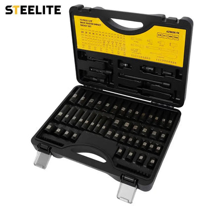 Steelite 72 Pieces 3/8" Drive Impact Socket Set, SAE (5/16"-3/4") & Metric (8-22MM), 6 Point, CR-V Construction, with Extension Bar, Adapter, Universal Joint, Spinner Handle & Assorted Bits for Versatile Repairs