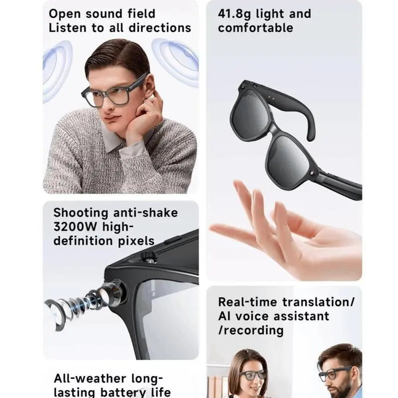 Revolutionary AI Smart Glasses: Experience Live Translation, HD Video, and Bluetooth Connectivity in Stylish Black Frame