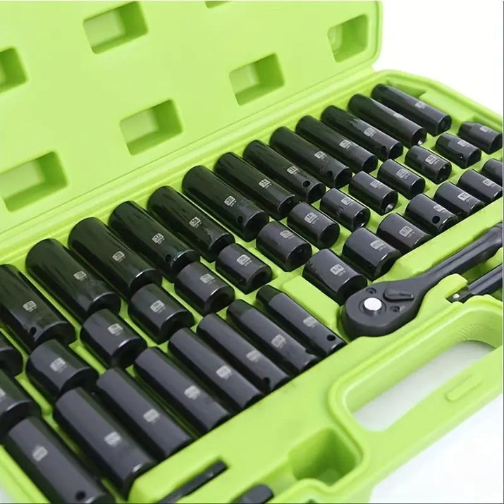 Impactwrench 3/8" Drive Impact Socket Set 50 Piece SAE & Metric CR-V Steel High Torque 6 Point Universal Joint Power Drill Adapter with Storage Case Tool Box .Professional Automotive Repair Tool Ant Nut Driver Screwdriver Tool Set