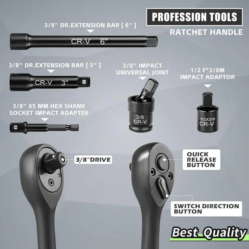 Impactwrench 3/8" Drive Impact Socket Set 50 Piece SAE & Metric CR-V Steel High Torque 6 Point Universal Joint Power Drill Adapter with Storage Case Tool Box .Professional Automotive Repair Tool Ant Nut Driver Screwdriver Tool Set