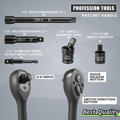 Impactwrench 3/8" Drive Impact Socket Set 50 Piece SAE & Metric CR-V Steel High Torque 6 Point Universal Joint Power Drill Adapter with Storage Case Tool Box .Professional Automotive Repair Tool Ant Nut Driver Screwdriver Tool Set