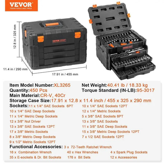 VEVOR Mechanics Tool Set and Socket Set, Various Specifications, 1/4" 3/8" 1/2 Drive Deep and Standard Sockets, 145/205/450 Pcs SAE and Metric Mechanic Tool Kit with Bits, Combination Wrench, Hex Wrenches, Accessories, Storage Case