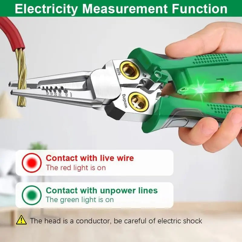 Multi-Function Electrical Pliers with Voltage Tester, 8-In-1 Wire Cutter, Stripper, Crimper & Puller for Electricians and Home Use