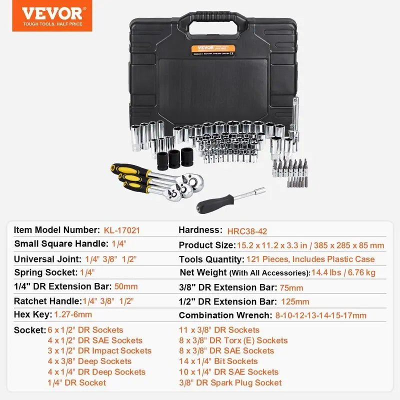 VEVOR Mechanics Tool Set and Socket Set, Various Specifications, 1/4