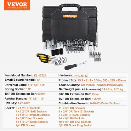 VEVOR Mechanics Tool Set and Socket Set, Various Specifications, 1/4" 3/8" 1/2 Drive Deep and Standard Sockets, 145/205/450 Pcs SAE and Metric Mechanic Tool Kit with Bits, Combination Wrench, Hex Wrenches, Accessories, Storage Case