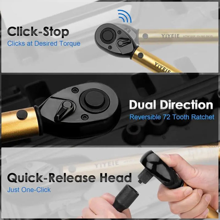 【Tiktokshopblackfriday】1/2-Inch Drive Torque Wrench, 10-160 FT.LB (10-227 Nm), 72-Tooth Professional Click Torque Wrench Set with 3/8 Adapter & Extension Bar, Lug Nut Torque Wrench for Car Tire & Wheel
