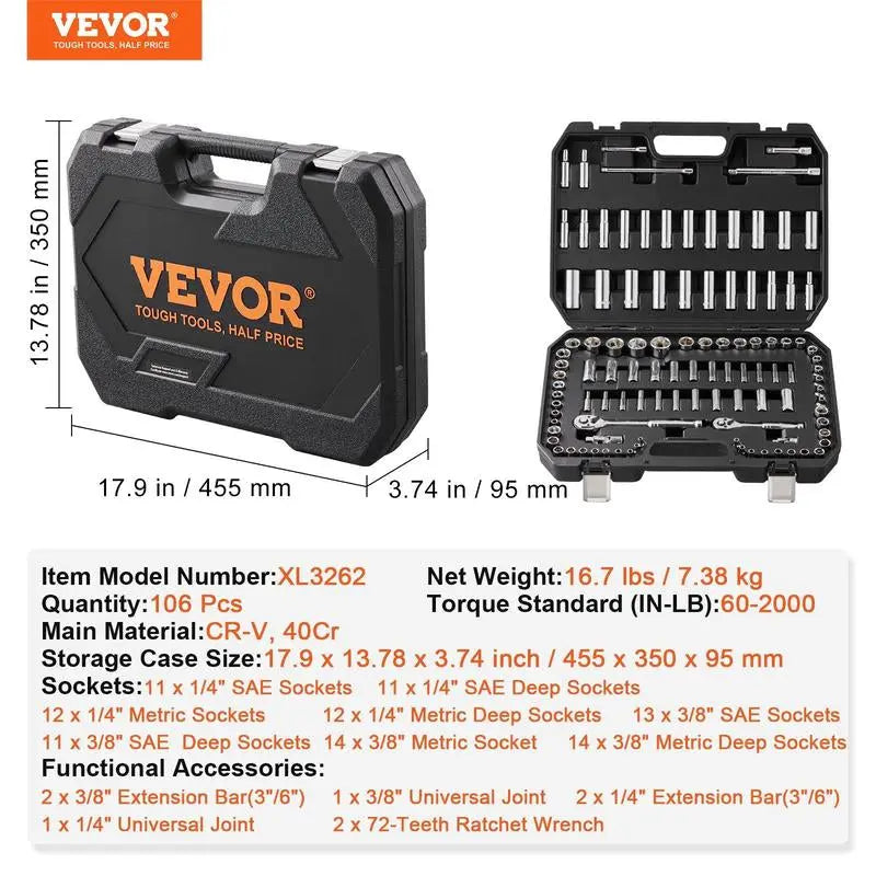 VEVOR Mechanics Tool Set and Socket Set, Various Specifications, 1/4