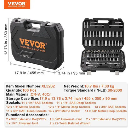 VEVOR Mechanics Tool Set and Socket Set, Various Specifications, 1/4" 3/8" 1/2 Drive Deep and Standard Sockets, 145/205/450 Pcs SAE and Metric Mechanic Tool Kit with Bits, Combination Wrench, Hex Wrenches, Accessories, Storage Case