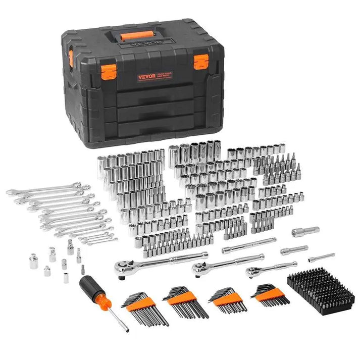 VEVOR Mechanics Tool Set and Socket Set, Various Specifications, 1/4" 3/8" 1/2 Drive Deep and Standard Sockets, 145/205/450 Pcs SAE and Metric Mechanic Tool Kit with Bits, Combination Wrench, Hex Wrenches, Accessories, Storage Case