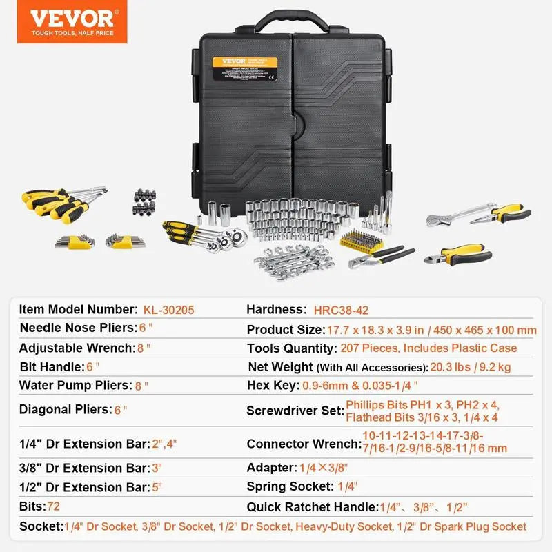 VEVOR Mechanics Tool Set and Socket Set, Various Specifications, 1/4