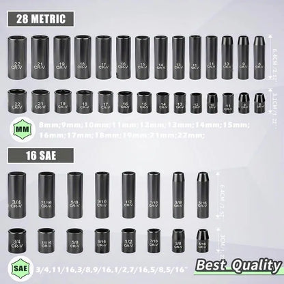 Impactwrench 3/8" Drive Impact Socket Set 50 Piece SAE & Metric CR-V Steel High Torque 6 Point Universal Joint Power Drill Adapter with Storage Case Tool Box .Professional Automotive Repair Tool Ant Nut Driver Screwdriver Tool Set