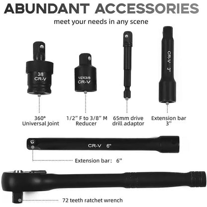 Impactwrench 3/8" Drive Impact Socket Set 50/35 Pieces SAE & Metric CR-V Steel High Torque 6 Point Universal Joint Power Drill Adapter with Storage Case Tool Box