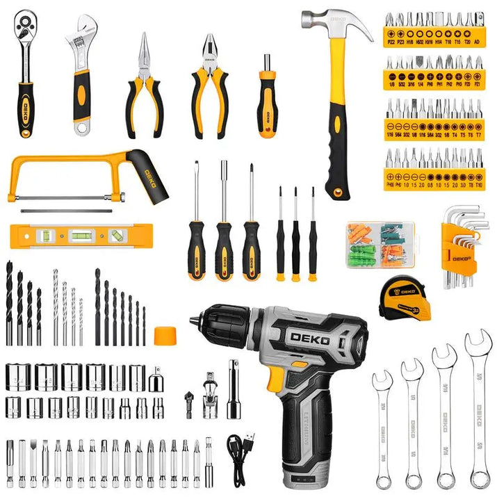 Tool Kit Box Drill Set: DEKOPRO 12V Cordless Drill and Home Mechanic Tool Set, 1.5Ah Rechargeable Lithium-Ion Battery, 238 Pcs Tool Kit， ALL in ONE Toolbox with Hand Tools for Home Repairs, DIY Projects, and Mechanic Work Sturdy Drawer for Men Springtok