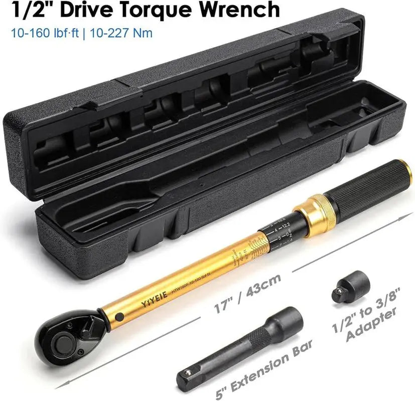 【Tiktokshopblackfriday】1/2-Inch Drive Torque Wrench, 10-160 FT.LB (10-227 Nm), 72-Tooth Professional Click Torque Wrench Set with 3/8 Adapter & Extension Bar, Lug Nut Torque Wrench for Car Tire & Wheel