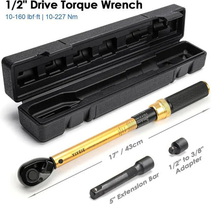 【Tiktokshopblackfriday】1/2-Inch Drive Torque Wrench, 10-160 FT.LB (10-227 Nm), 72-Tooth Professional Click Torque Wrench Set with 3/8 Adapter & Extension Bar, Lug Nut Torque Wrench for Car Tire & Wheel