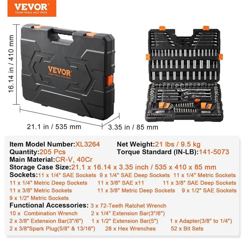 VEVOR Mechanics Tool Set and Socket Set, Various Specifications, 1/4" 3/8" 1/2 Drive Deep and Standard Sockets, 145/205/450 Pcs SAE and Metric Mechanic Tool Kit with Bits, Combination Wrench, Hex Wrenches, Accessories, Storage Case