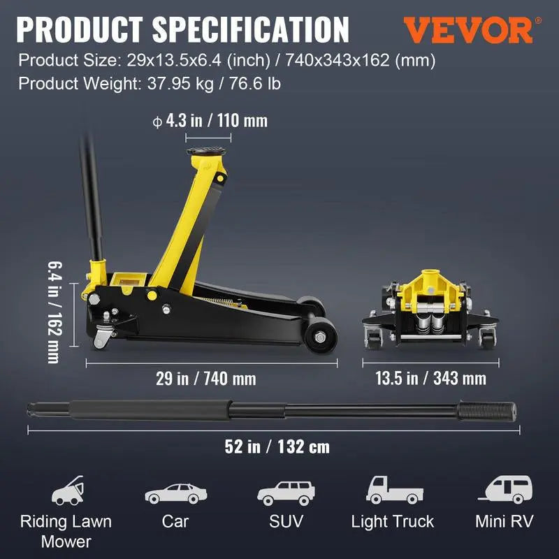 VEVOR Low Profile Aluminum Steel Racing Floor Jack Dual Pump Lift Car Auto
