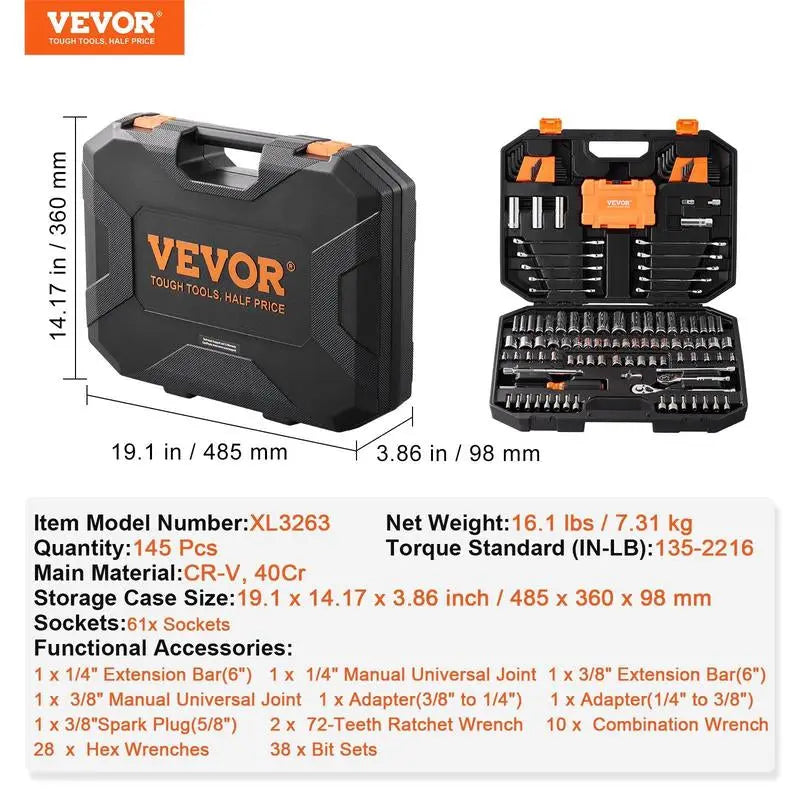 VEVOR Mechanics Tool Set and Socket Set, Various Specifications, 1/4" 3/8" 1/2 Drive Deep and Standard Sockets, 145/205/450 Pcs SAE and Metric Mechanic Tool Kit with Bits, Combination Wrench, Hex Wrenches, Accessories, Storage Case