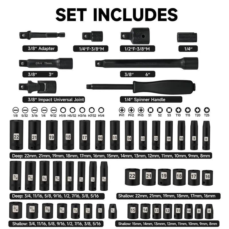 Steelite 72 Pieces 3/8" Drive Impact Socket Set, SAE (5/16"-3/4") & Metric (8-22MM), 6 Point, CR-V Construction, with Extension Bar, Adapter, Universal Joint, Spinner Handle & Assorted Bits for Versatile Repairs