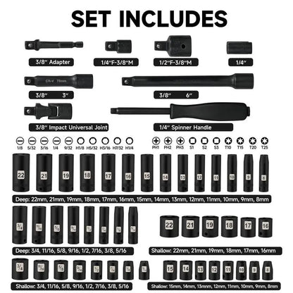 Steelite 72 Pieces 3/8" Drive Impact Socket Set, SAE (5/16"-3/4") & Metric (8-22MM), 6 Point, CR-V Construction, with Extension Bar, Adapter, Universal Joint, Spinner Handle & Assorted Bits for Versatile Repairs