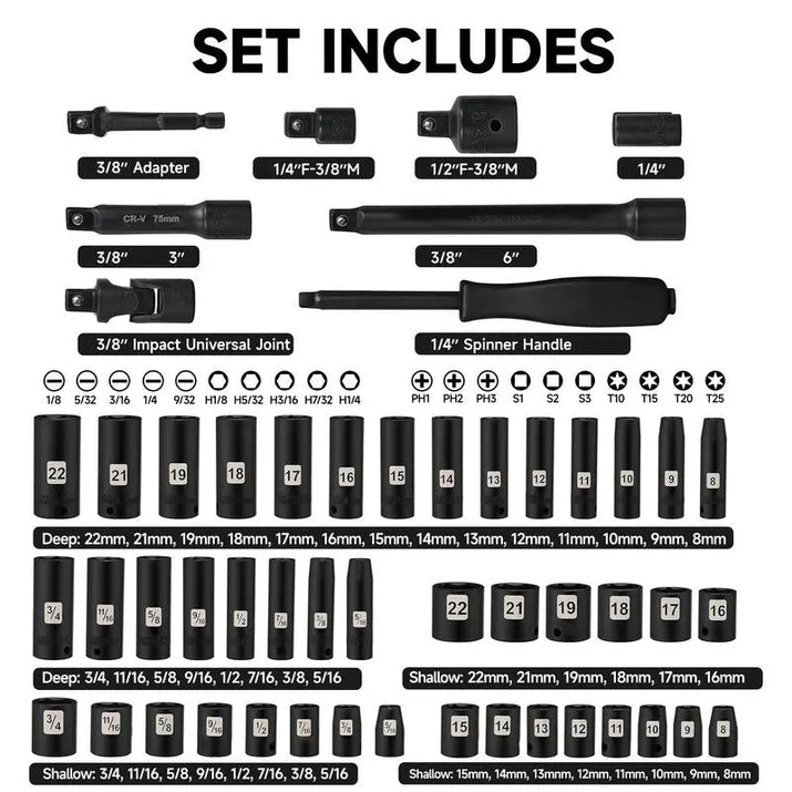 Steelite 72 Pieces 3/8" Drive Impact Socket Set, SAE (5/16"-3/4") & Metric (8-22MM), 6 Point, CR-V Construction, with Extension Bar, Adapter, Universal Joint, Spinner Handle & Assorted Bits for Versatile Repairs