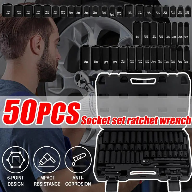 Impactwrench 3/8" Drive Impact Socket Set 50/35 Pieces SAE & Metric CR-V Steel High Torque 6 Point Universal Joint Power Drill Adapter with Storage Case Tool Box