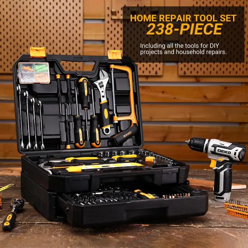 Tool Kit Box Drill Set: DEKOPRO 12V Cordless Drill and Home Mechanic Tool Set, 1.5Ah Rechargeable Lithium-Ion Battery, 238 Pcs Tool Kit， ALL in ONE Toolbox with Hand Tools for Home Repairs, DIY Projects, and Mechanic Work Sturdy Drawer for Men Springtok